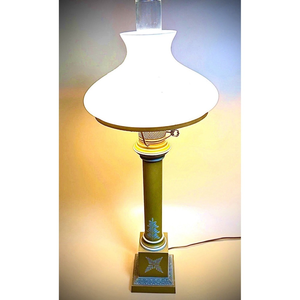 VTG Electric Parlor Lamp Faux Oil Hurricane Greenish Yellow, Milk Glass Shade